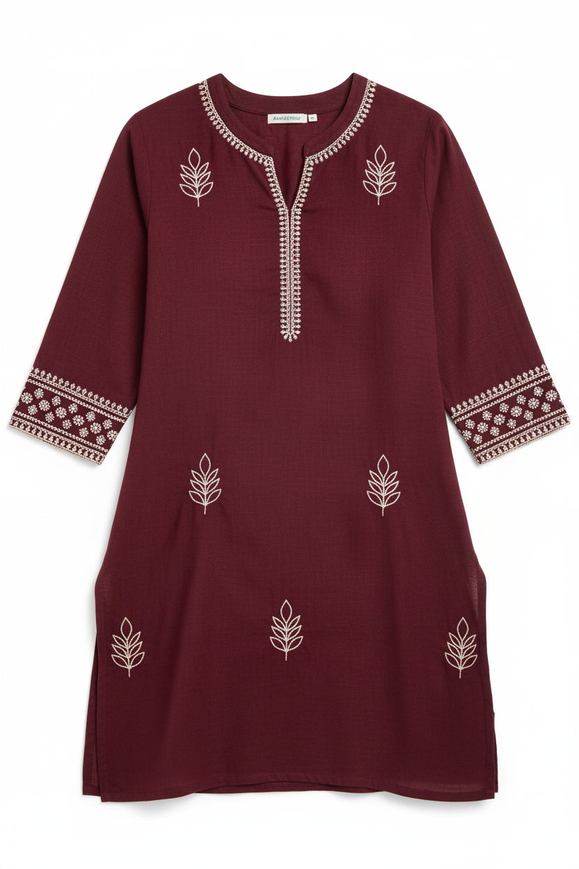 Front view of embroidered rayon top