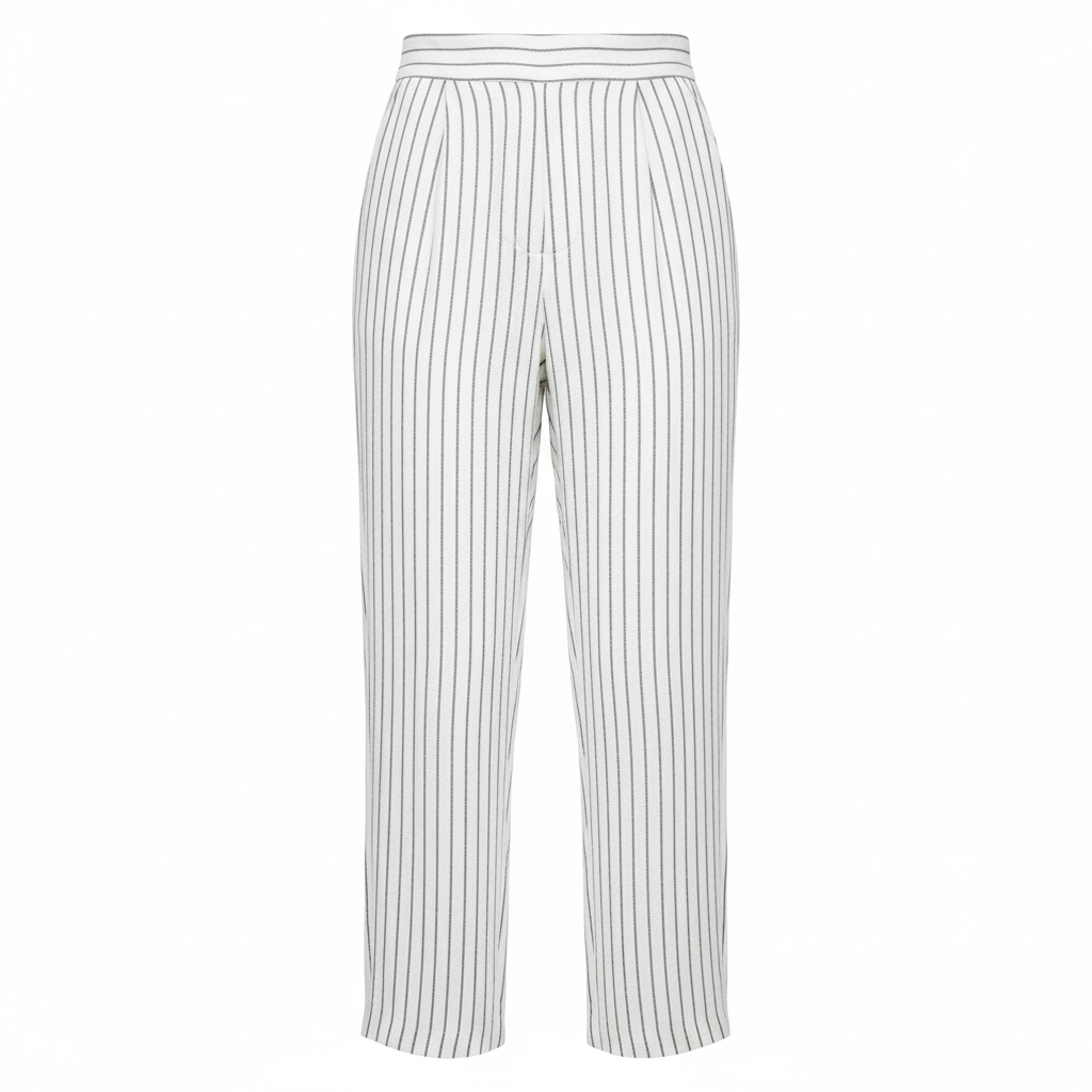 Front view of linen blend handloom striped pants in white with black stripes