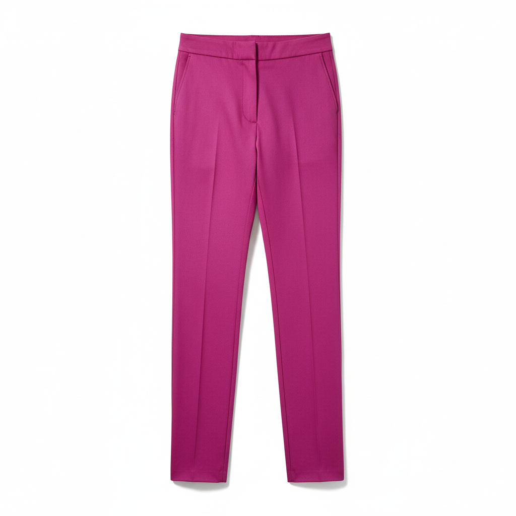 Front view of stretch twill lycra cigarette pants in magenta