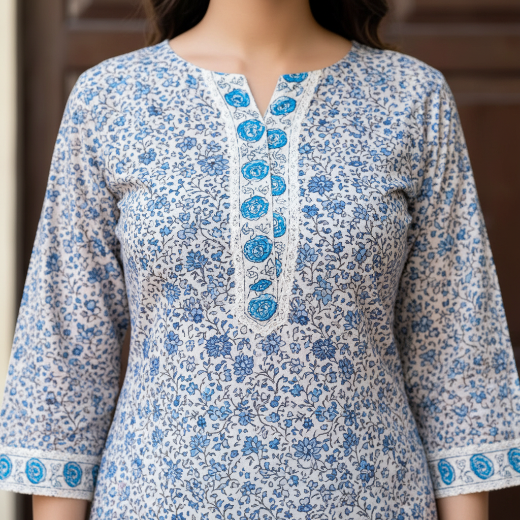 Blue Floral Printed Suit Set - Front Close-up