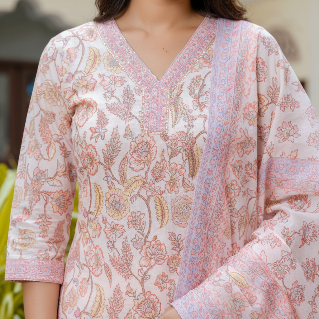 Peach Floral Embroidered Suit Set - Front Close-up